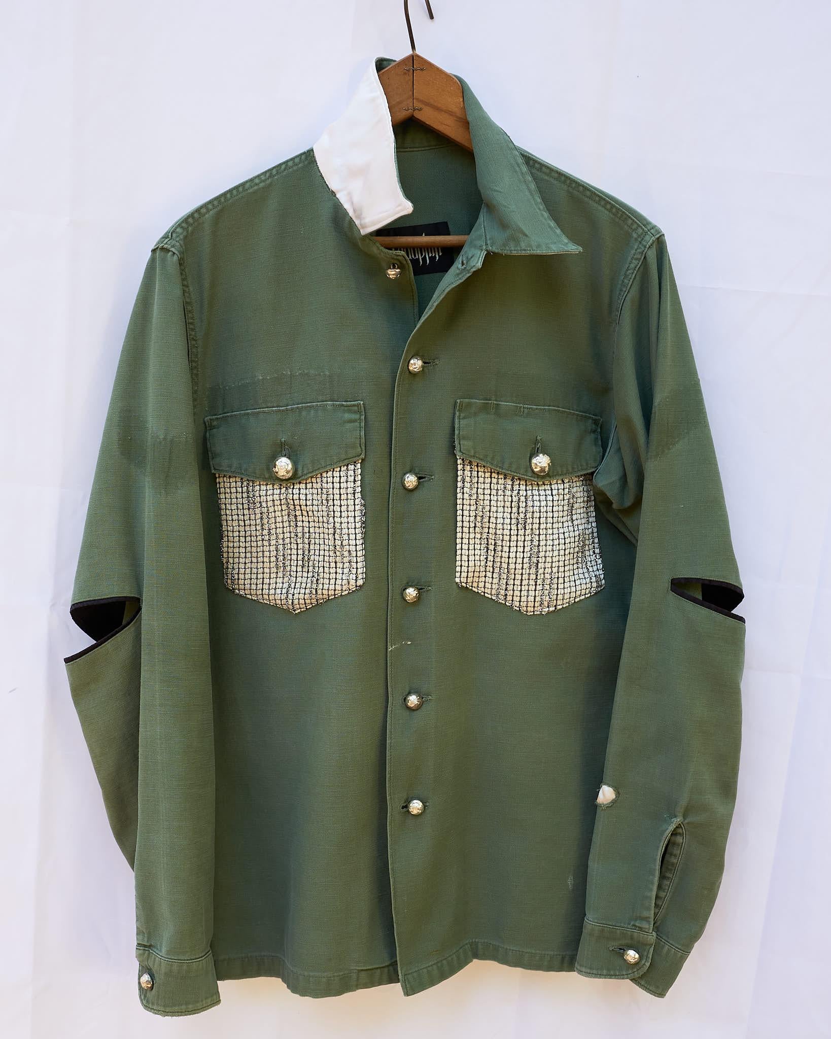Jacket Cotton Green Military Designer White Silver Lurex Tweed J Dauphin In New Condition In Los Angeles, CA