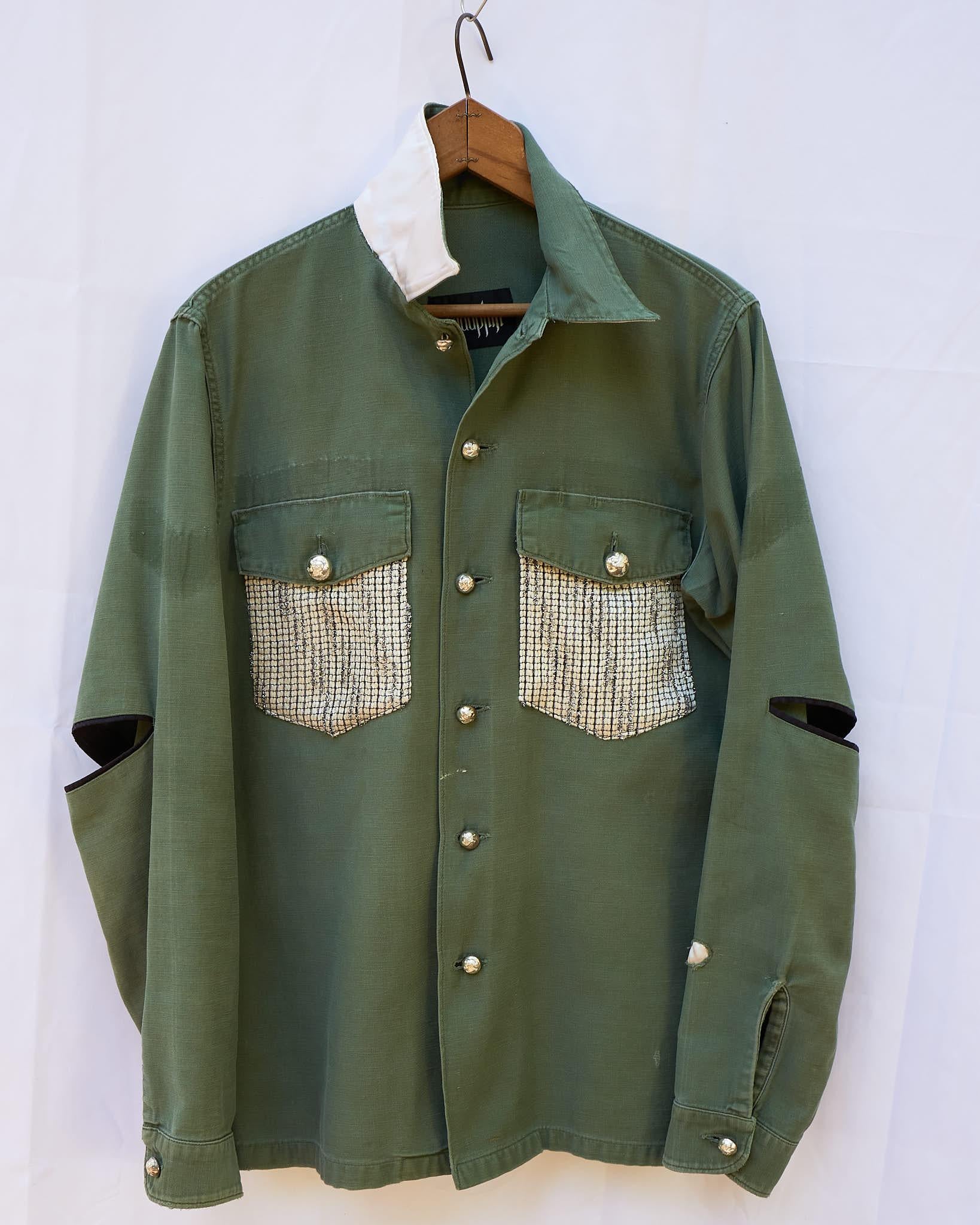Women's Jacket Cotton Green Military Designer White Silver Lurex Tweed J Dauphin