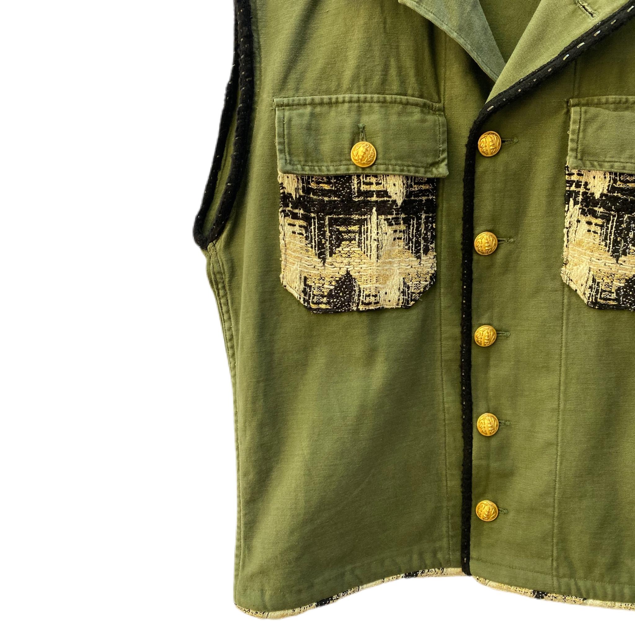 Brown Embellished Green Sleeveless Jacket Vest Military Tweed Gold Buttons J Dauphin