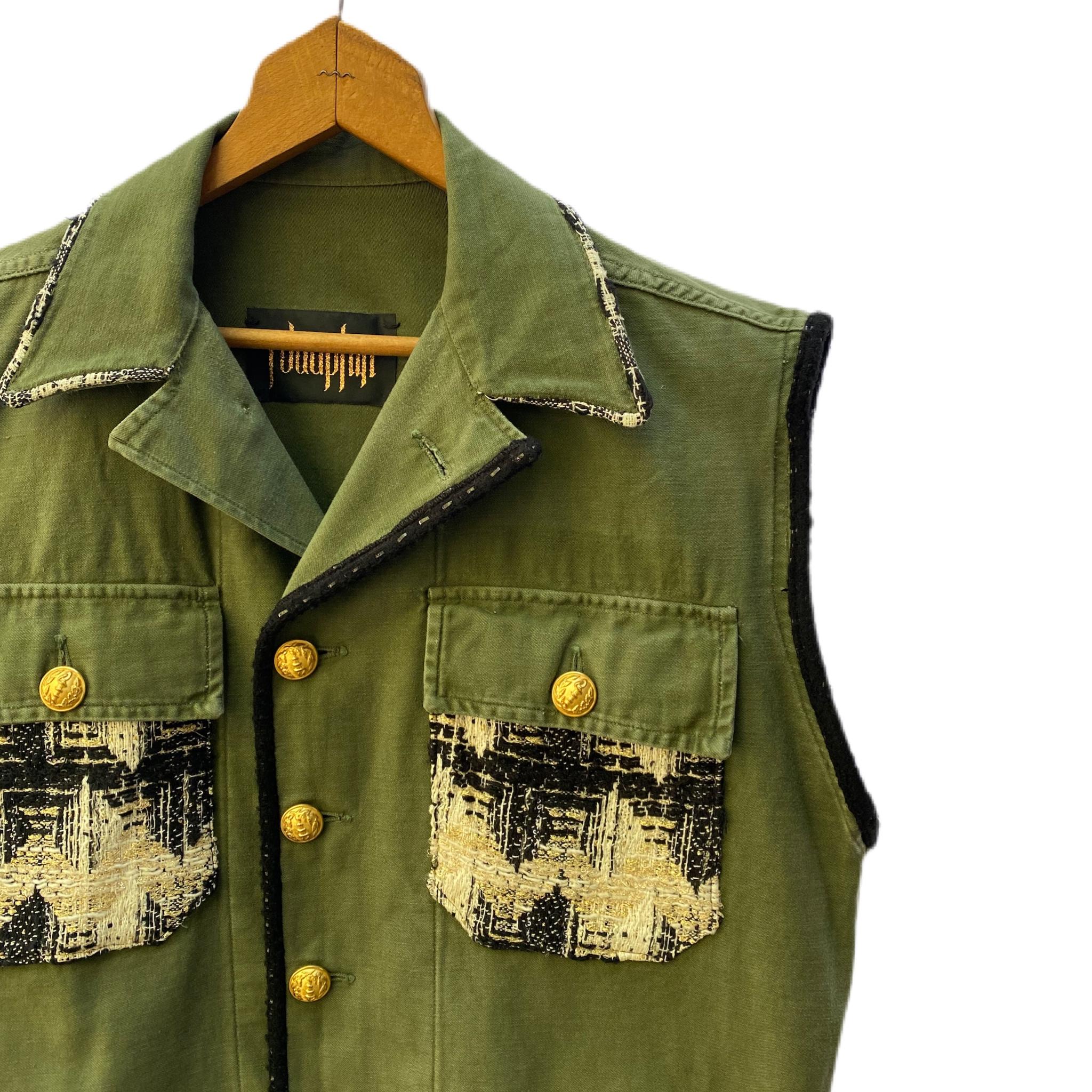 Embellished Green Sleeveless Jacket Vest Military Tweed Gold Buttons J Dauphin In New Condition In Los Angeles, CA