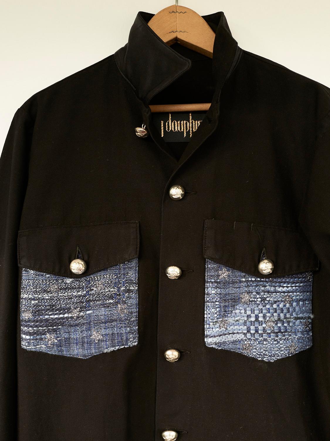 Embellished Repurposed Vintage Military US Jacket From the 70's Dyed Black with French Glitter Star Tweed Pockets and Details of Italian Black Silk, Open Elbows reinforced with Silk, Military Vintage Original Silver Tone Buttons Made in