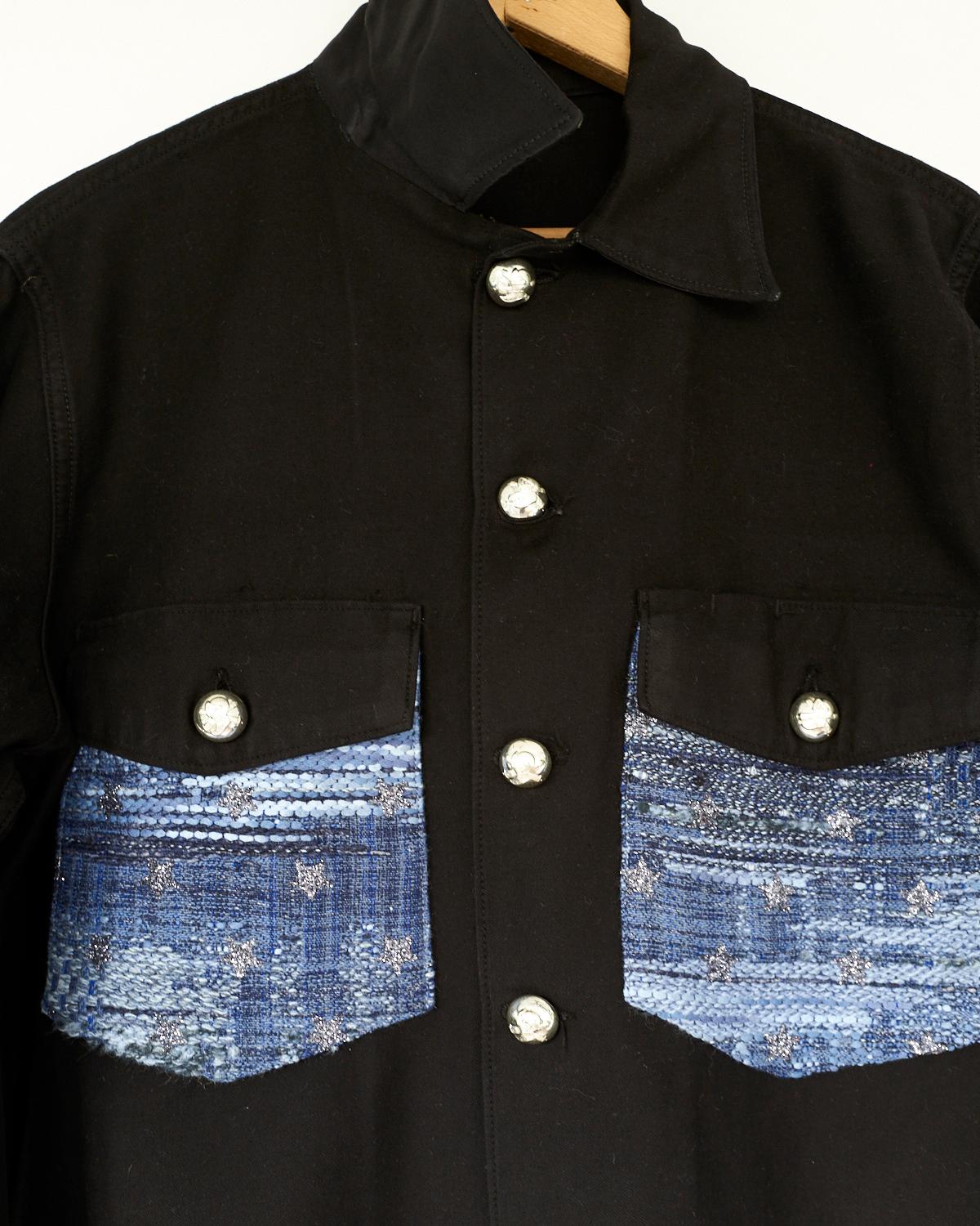 Embellished Oversize Re- Purposed Military Jacket in Black with Blue Glitter Star Design Tweed and Silver Button Open Elbow 
Brand: J Dauphin
Size: S/M
Sustainable Luxury, Collectible Vintage Re- Purposed

Our one of a kind, zero waste, up-cycled
