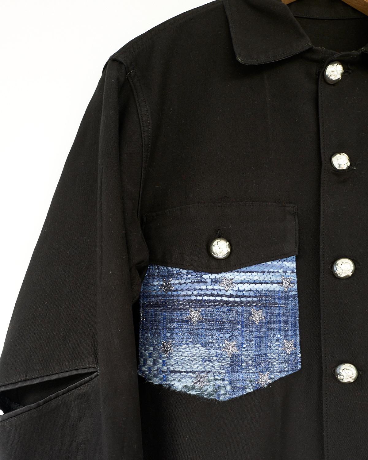 Embellished Oversize Jacket Black Military Blue Glitter Star Tweed J Dauphin In New Condition In Los Angeles, CA