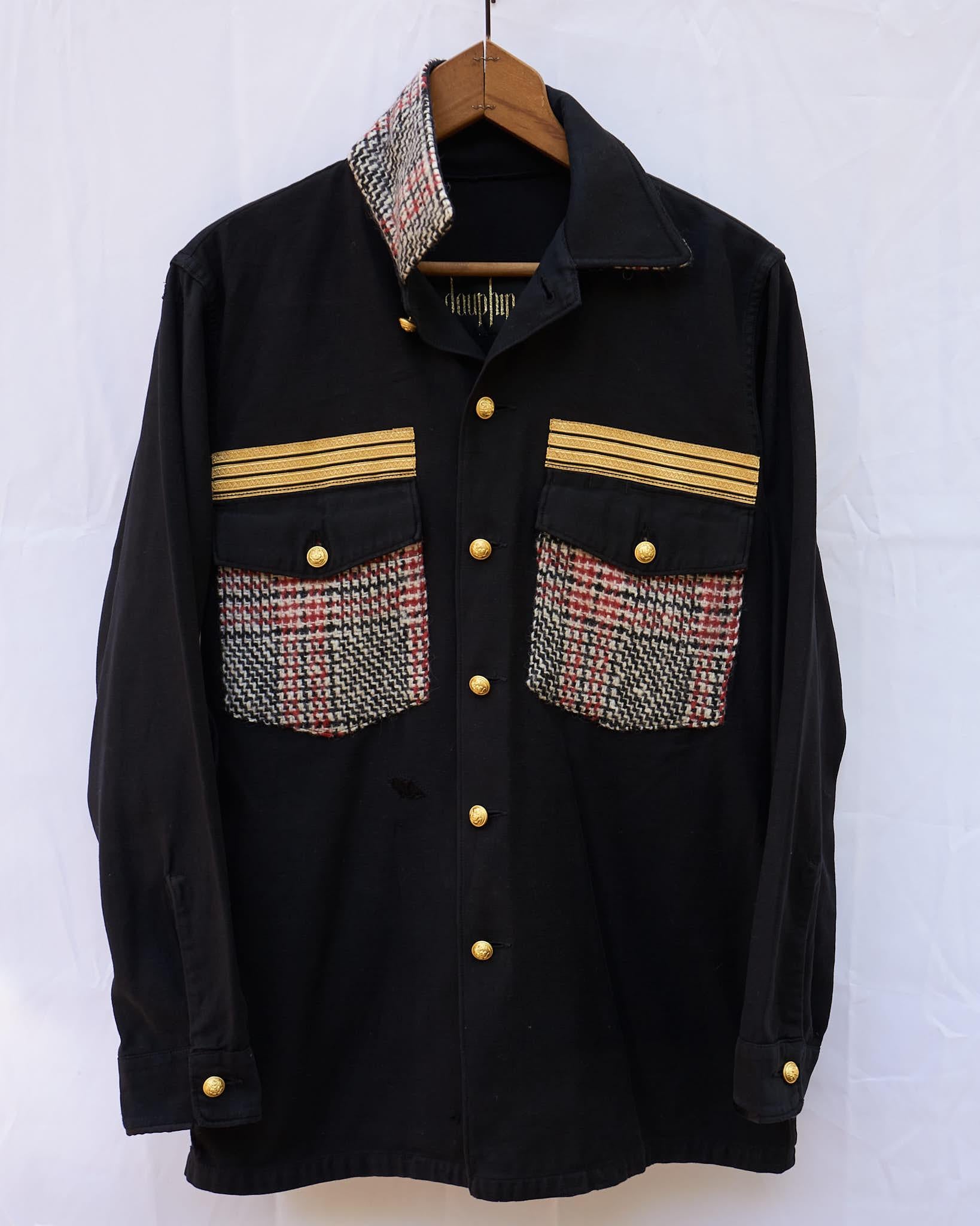 Embellished Jacket Black Vintage Military English Red White Black Tartan Wool Gold Braid Gold Buttons J Dauphin

Original Vintage US Military Fatigue Shirt Jacket Repurposed and Embellished with Red White Black Tartan Wool Gold Braid.
Original