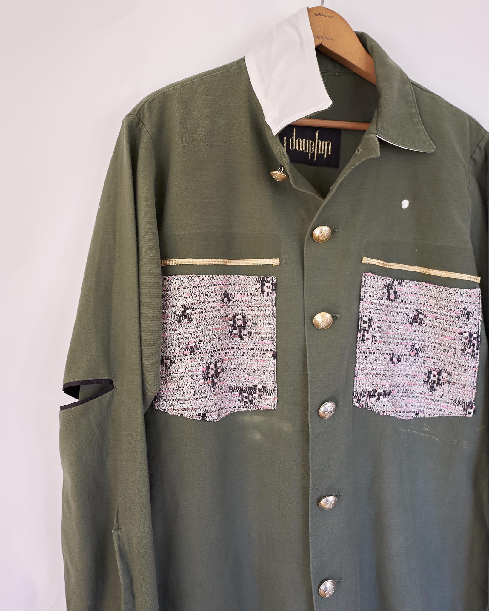 Embellished Jacket Green Original Designer Tweed One of a kind J Dauphin
Brand: J Dauphin
Size: MEDIUM
Sustainable Luxury, Up-cycled and Re-purposed Vintage

Our Up-cycled Vintage Jackets are made from vintage, natural fibers, military clothing and