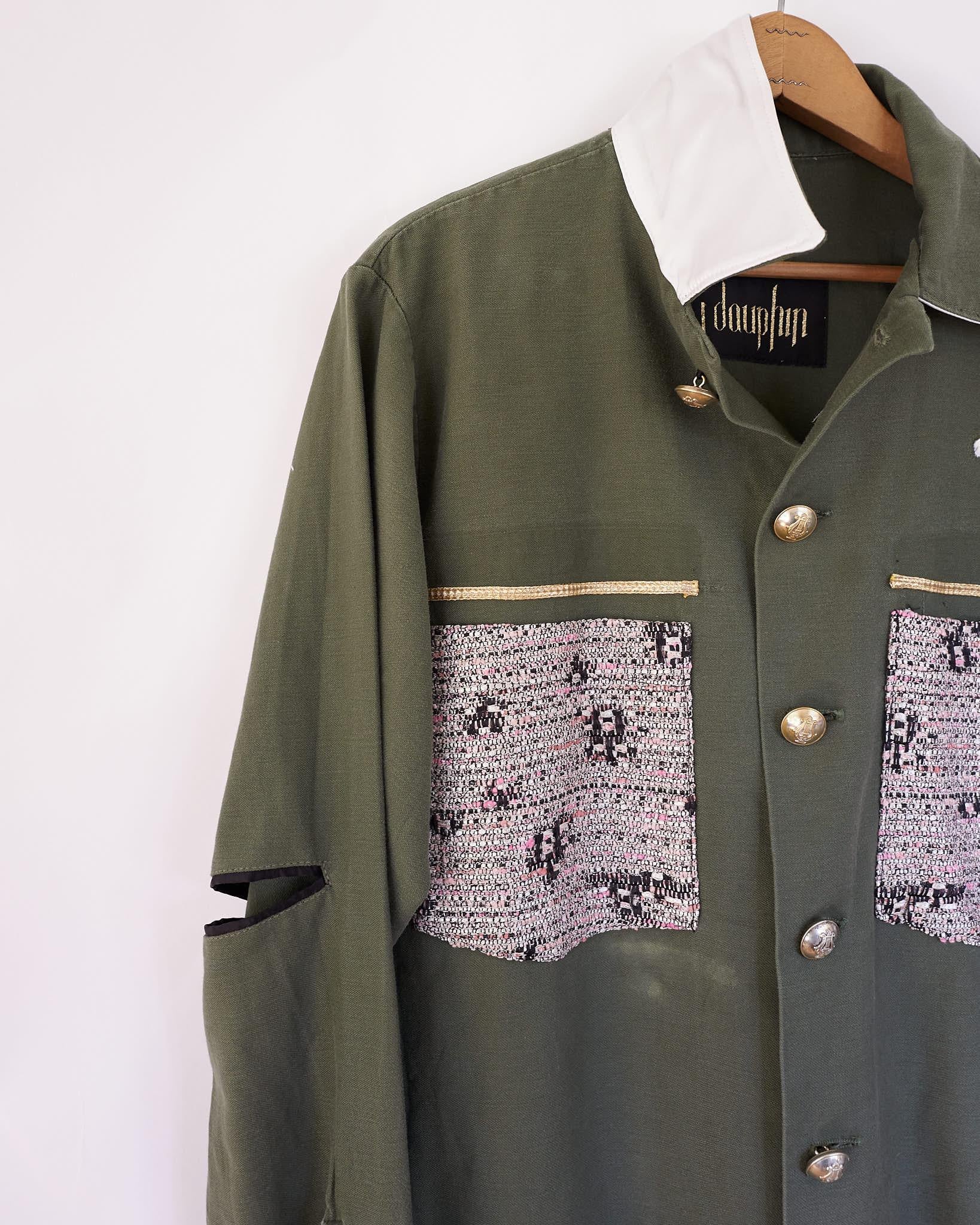 Embellished Jacket Pink Designer Tweed Original green Military J Dauphin In New Condition In Los Angeles, CA