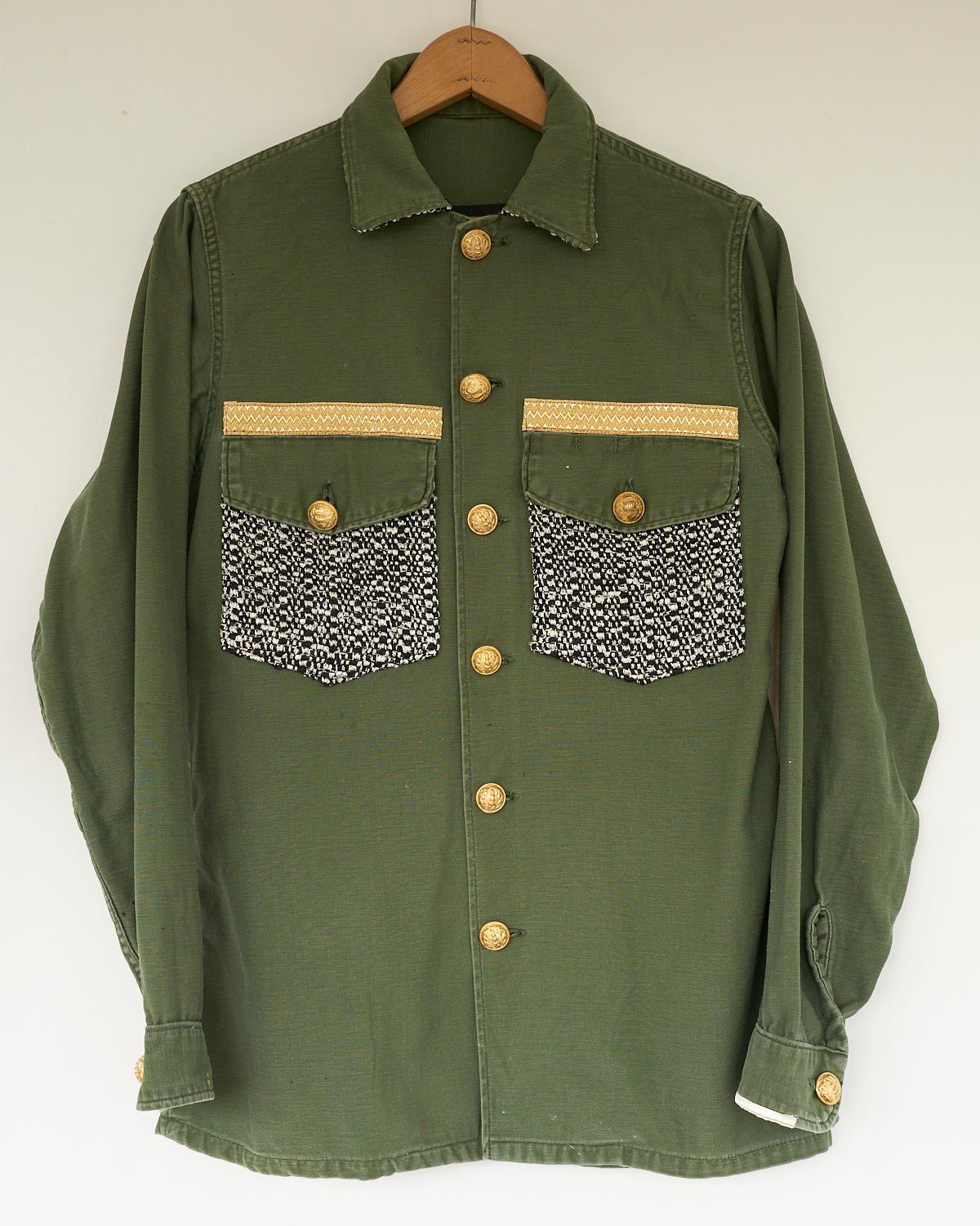 Jacket Military Green Gold Button Silver Lurex Tweed  J Dauphin In New Condition In Los Angeles, CA