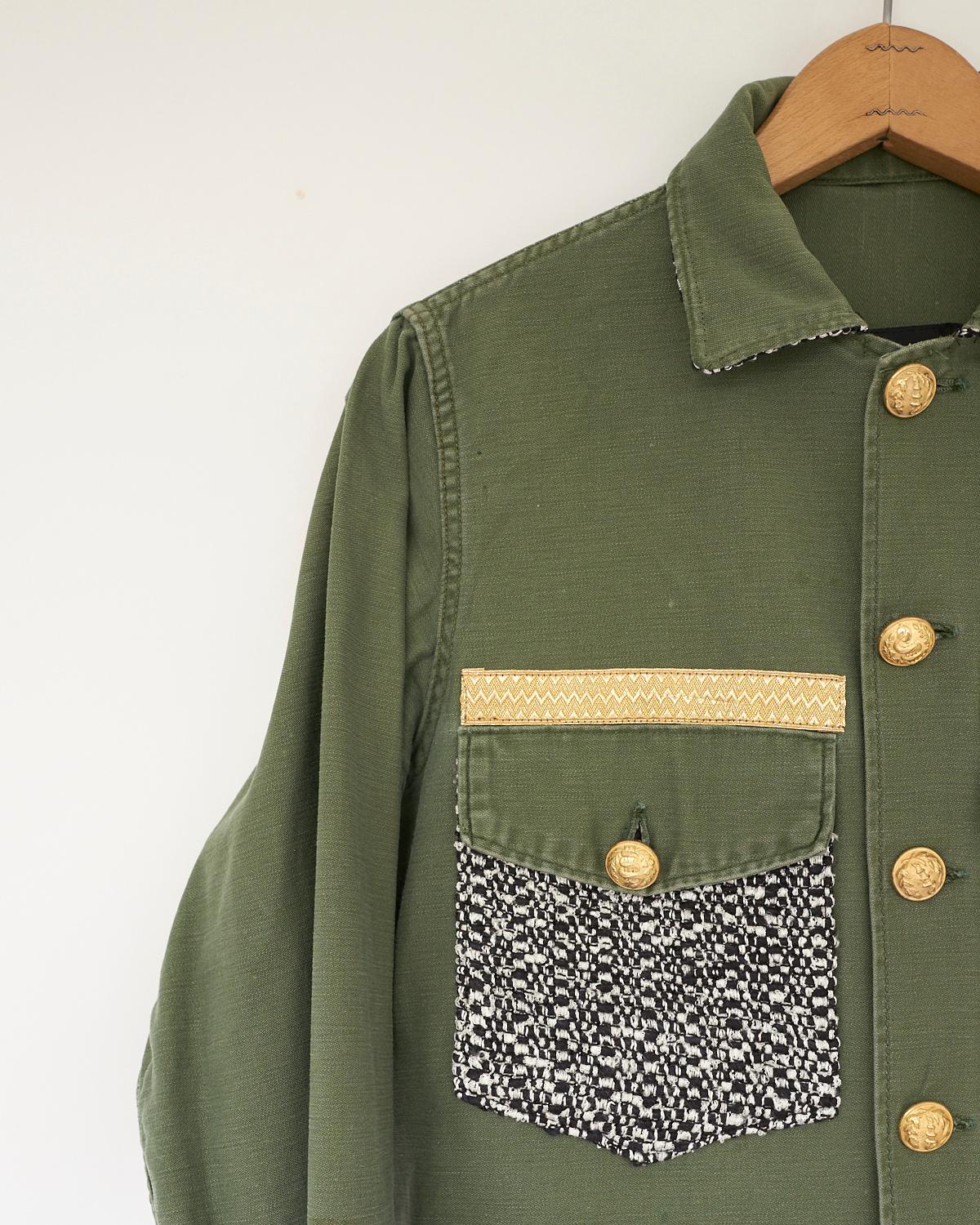 Women's Jacket Military Green Gold Button Silver Lurex Tweed  J Dauphin