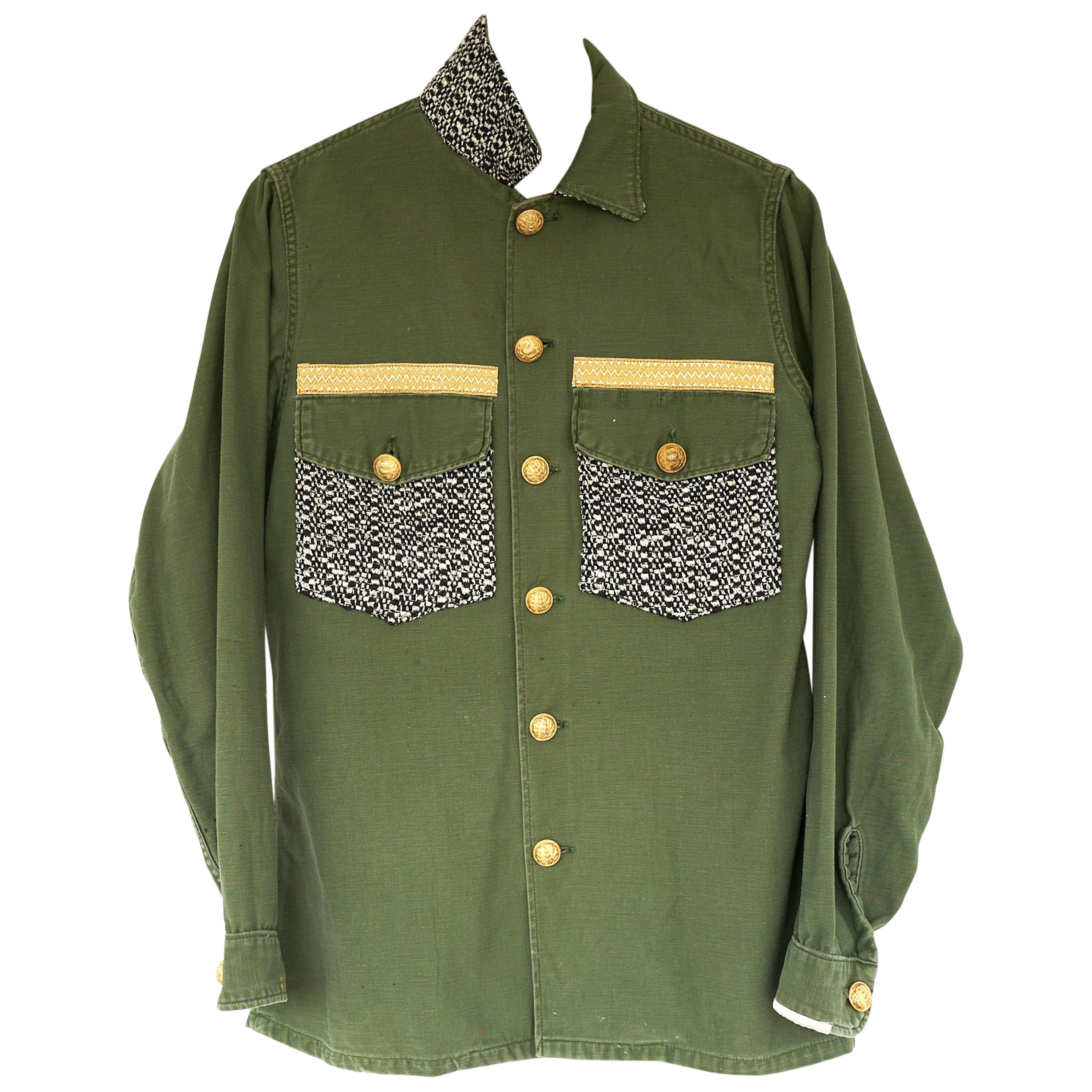Jacket Military Green Gold Button Silver Lurex Tweed  J Dauphin 4