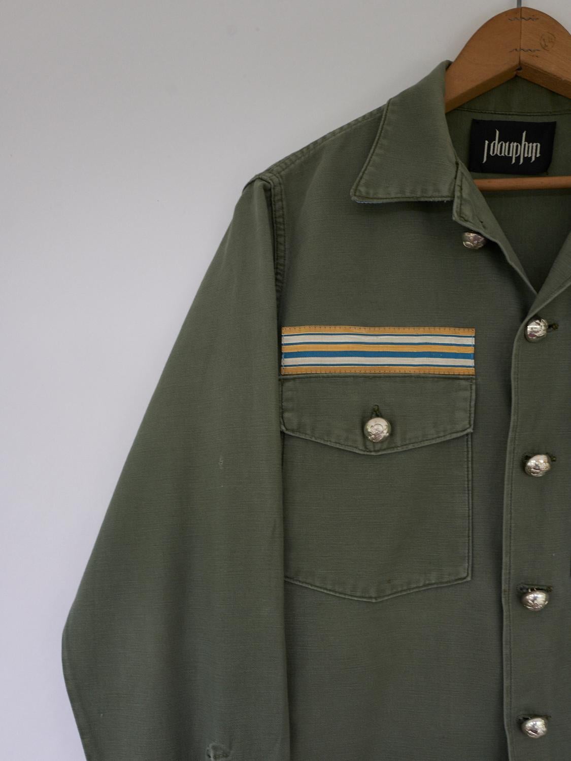 Embellished Jacket Military Green Silver Buttons Light Blue Silk J Dauphin In New Condition In Los Angeles, CA