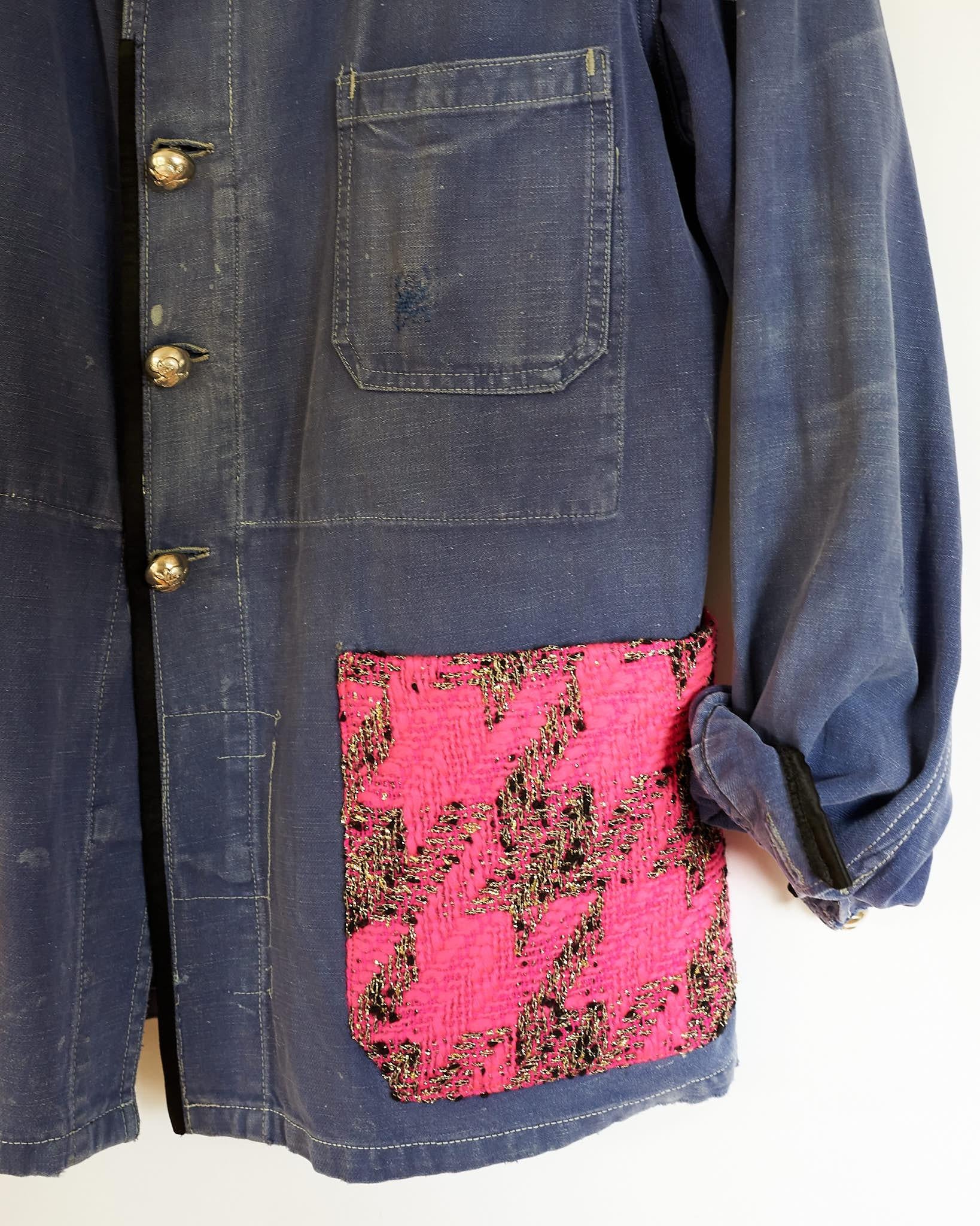 Jacket Blue Vintage Designer Neon Pink Tweed French Work Wear J Dauphin In New Condition In Los Angeles, CA