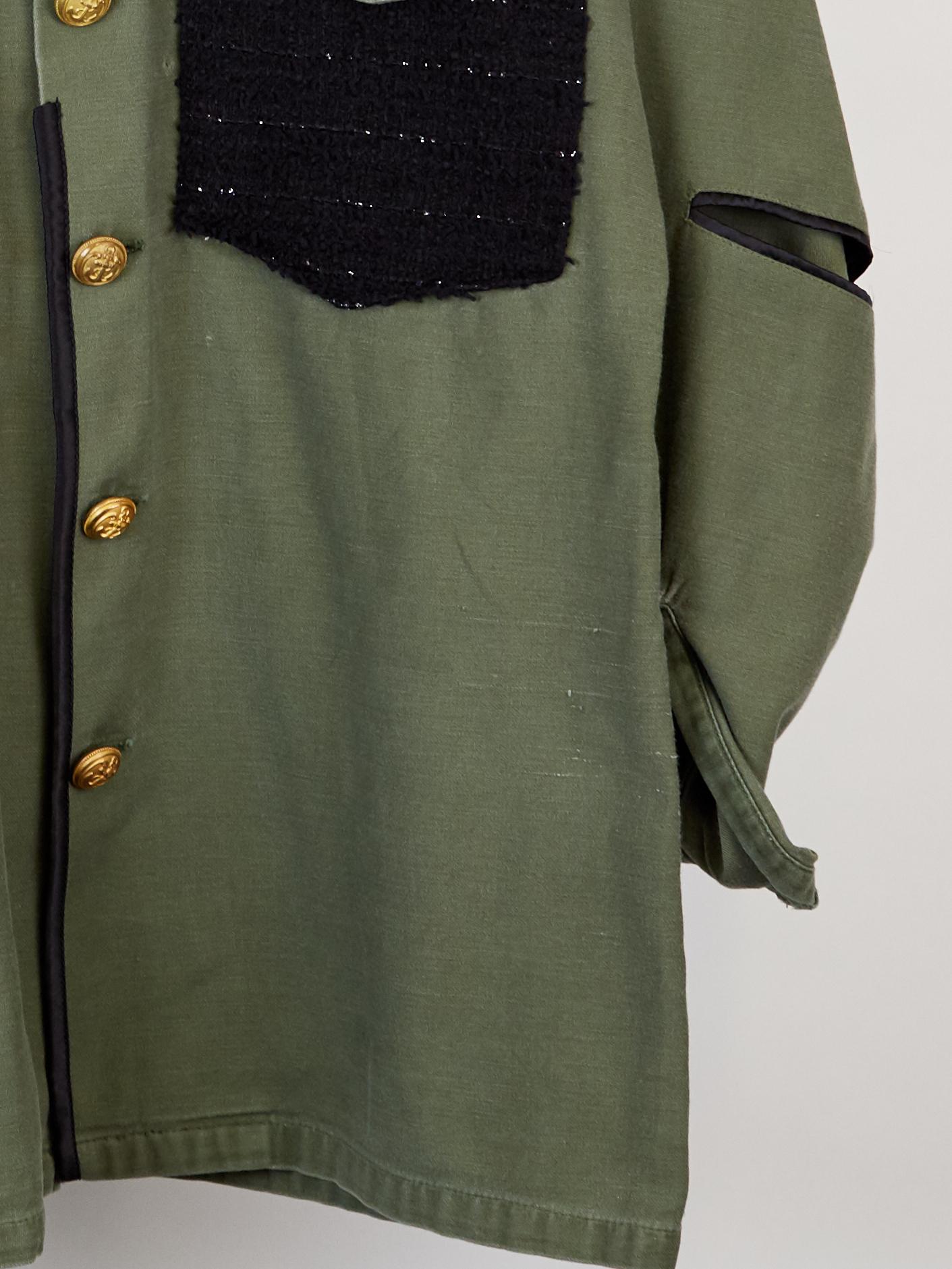Black Military Green Jacket Tweed Gold Buttons Gold Braid One of a kind J Dauphin