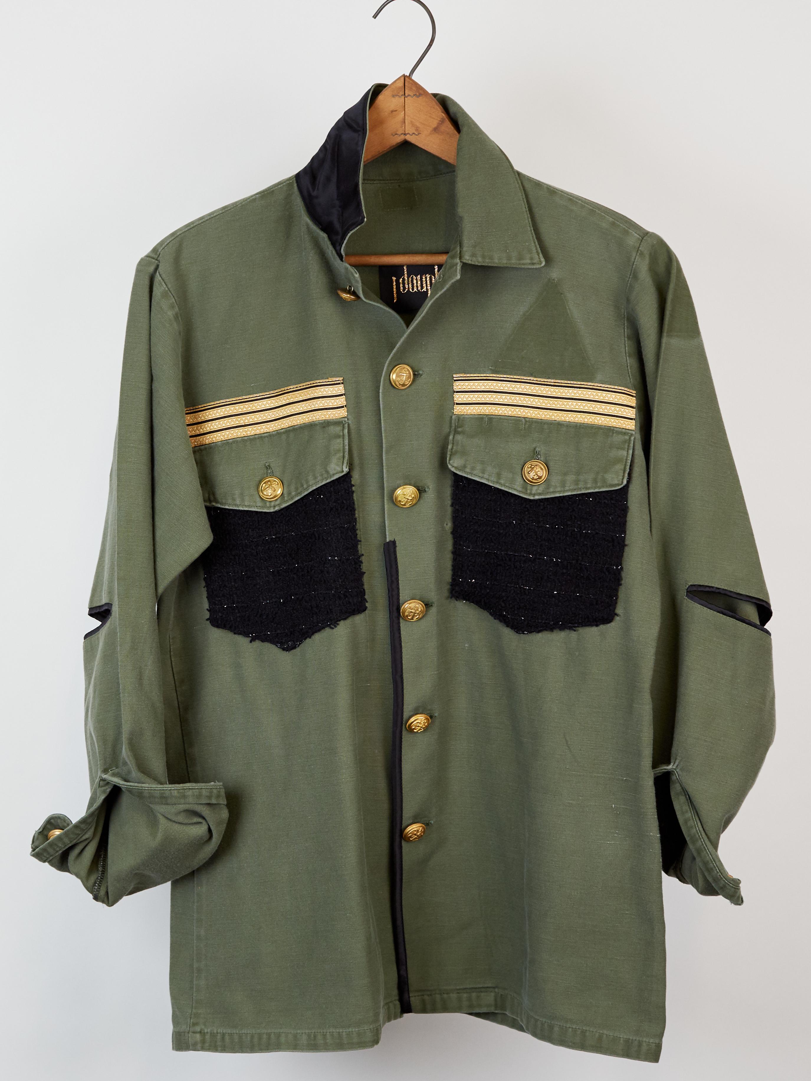 Military Green Jacket Tweed Gold Buttons Gold Braid One of a kind J Dauphin In New Condition In Los Angeles, CA