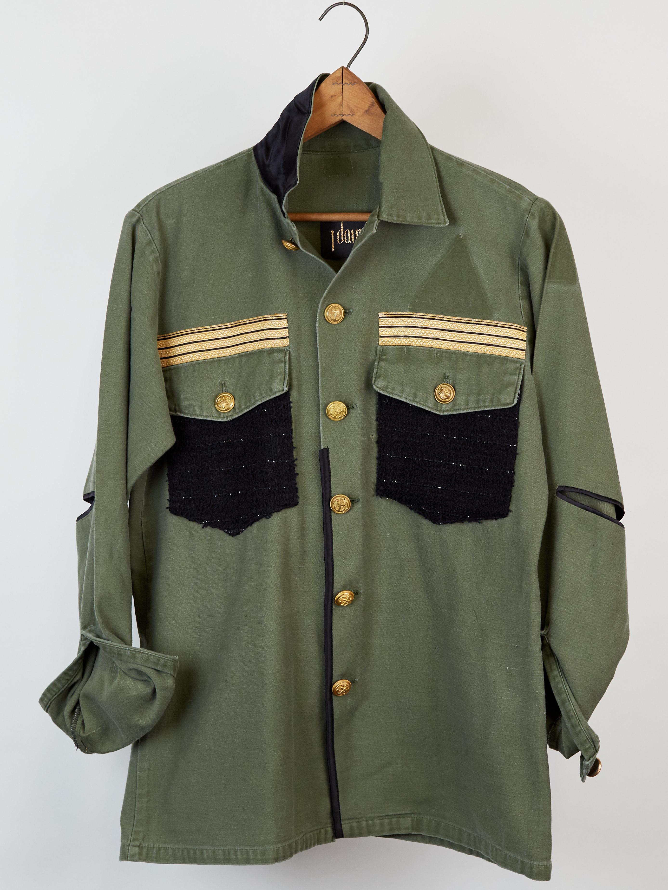 Women's Military Green Jacket Tweed Gold Buttons Gold Braid One of a kind J Dauphin