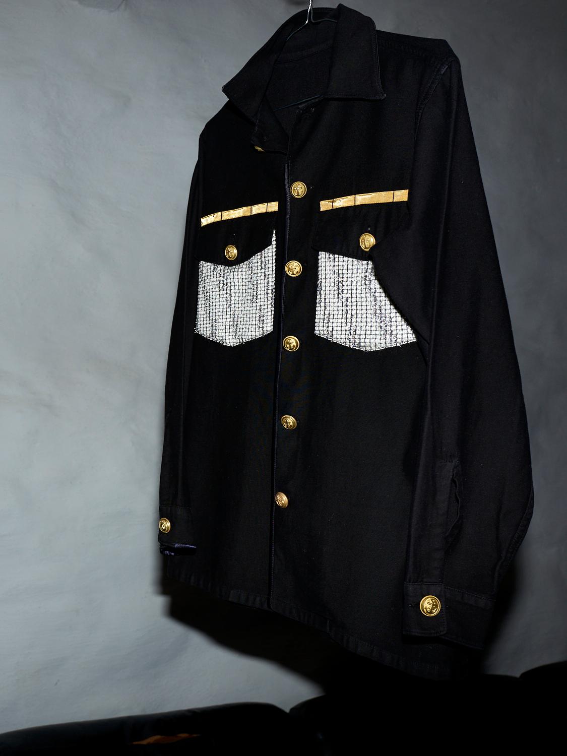 Women's Repurposed Military Jacket Black Lurex White Tweed Gold Buttons J Dauphin