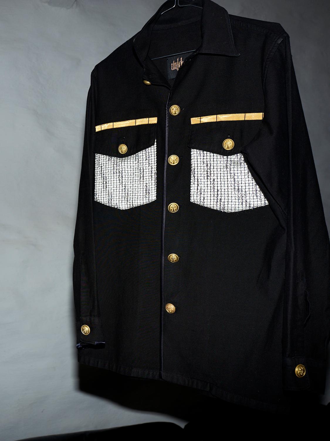 Repurposed Military Jacket Black Lurex White Tweed Gold Buttons J Dauphin 1
