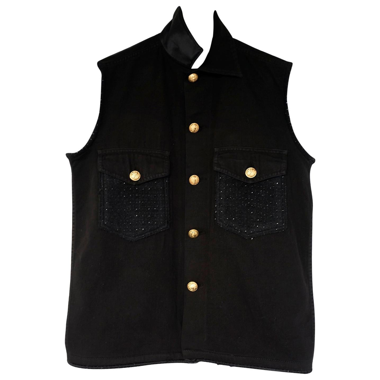 Sleeveless Jacket Vest Black Cotton Tweed Military Black Gold Buttons J Dauphin