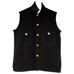 Sleeveless Jacket Vest Black Cotton Tweed Military Black Gold Buttons J Dauphin