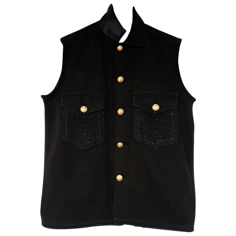 Sleeveless Jacket Vest Black Cotton Tweed Military Black Gold Buttons J ...