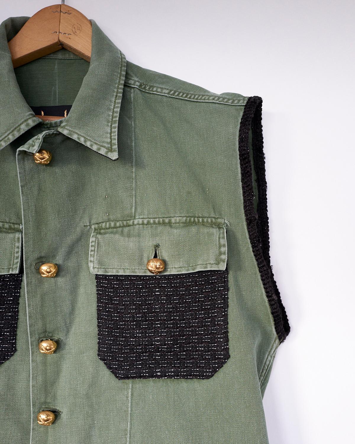 Embellished Us Vintage Military Sleeveless Jacket in Green with French Gold Bottons and Trim of Vintage Black Silver Lurex Tweed J Dauphin


Our Up-cycled Vintage Jackets are made from vintage, natural fibers, military clothing and french workwear