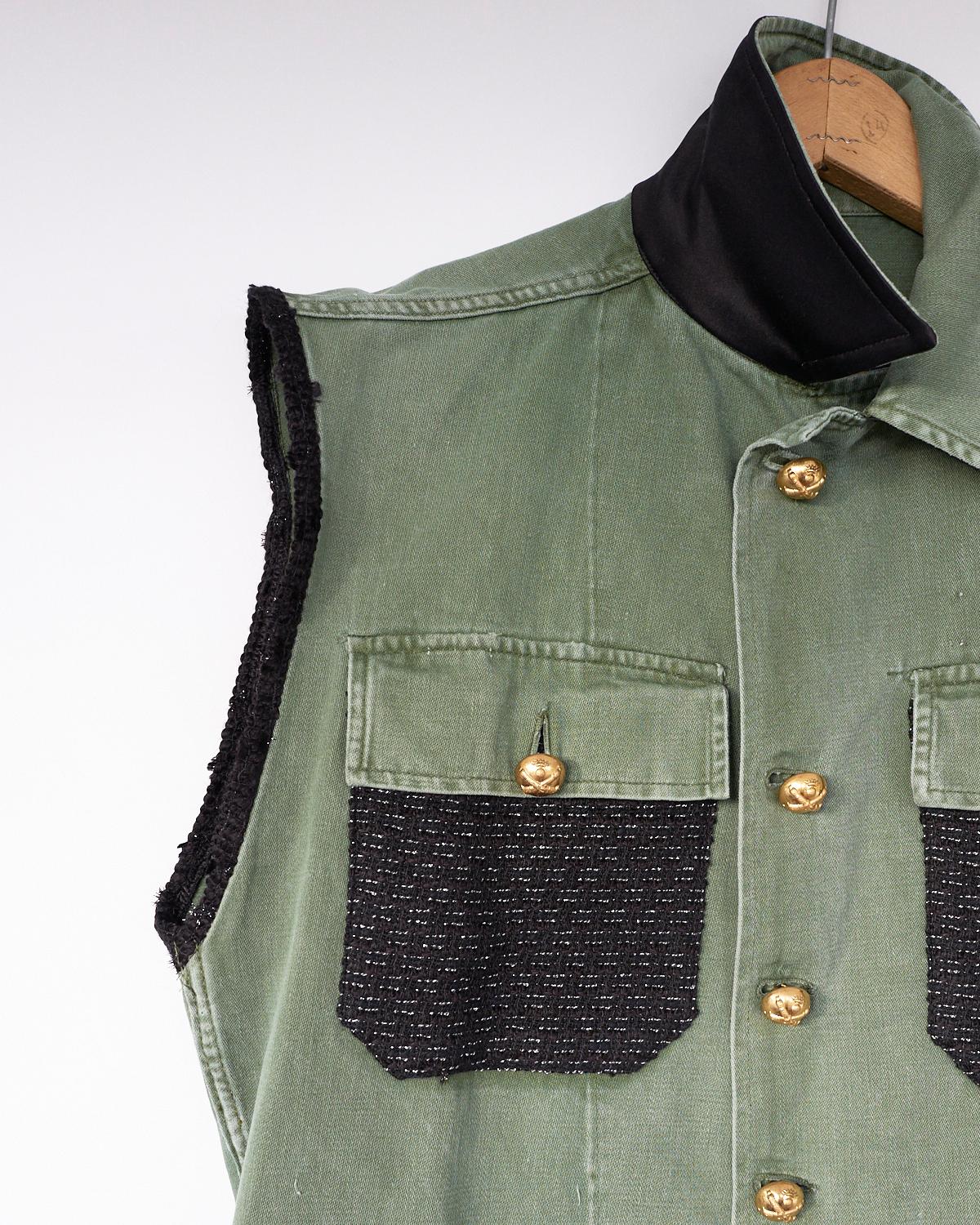 Gray Military Sleeveless Jacket Green Gold Buttons Black Silver Lurex Tweed J Dauphin