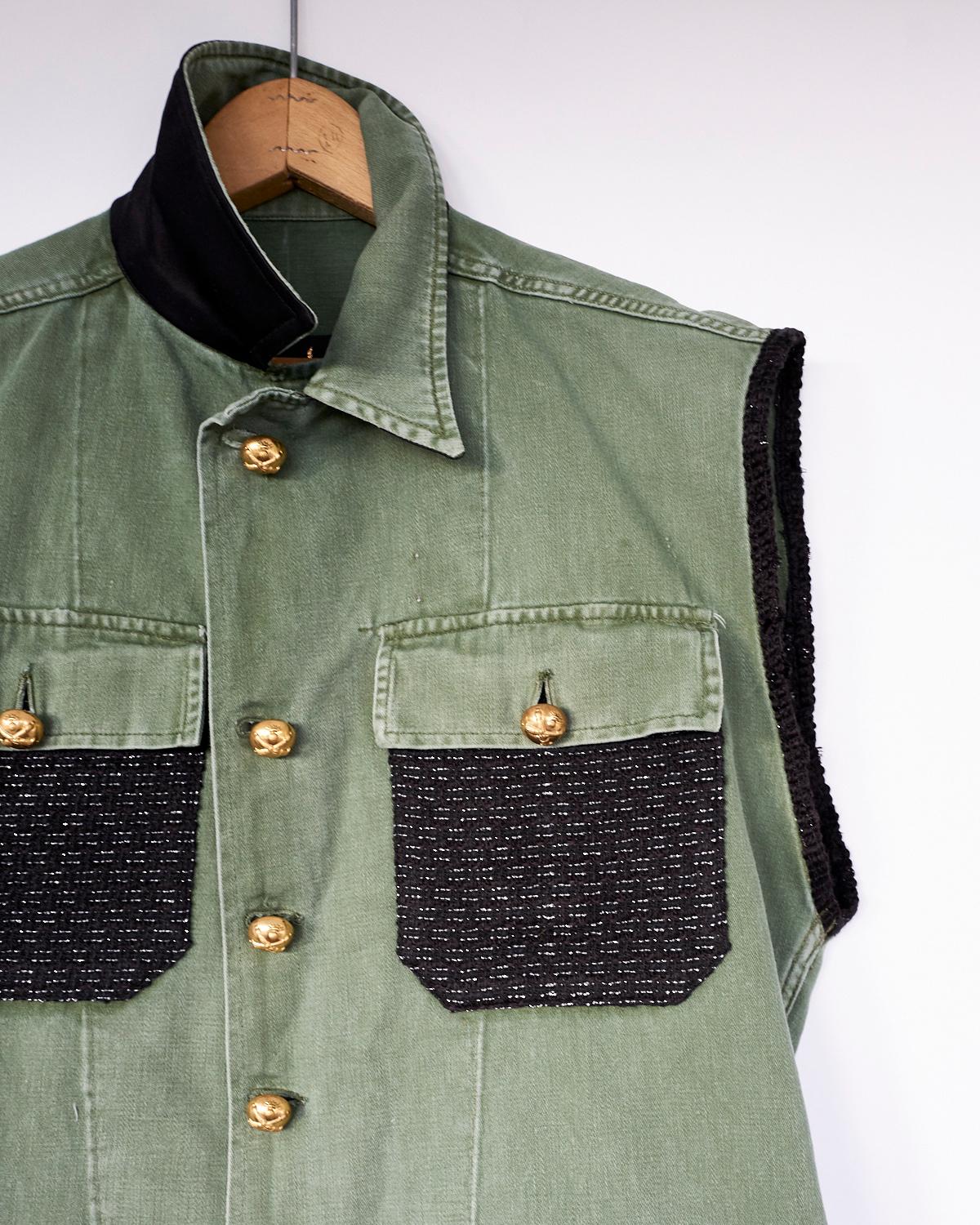 Military Sleeveless Jacket Green Gold Buttons Black Silver Lurex Tweed J Dauphin In New Condition In Los Angeles, CA