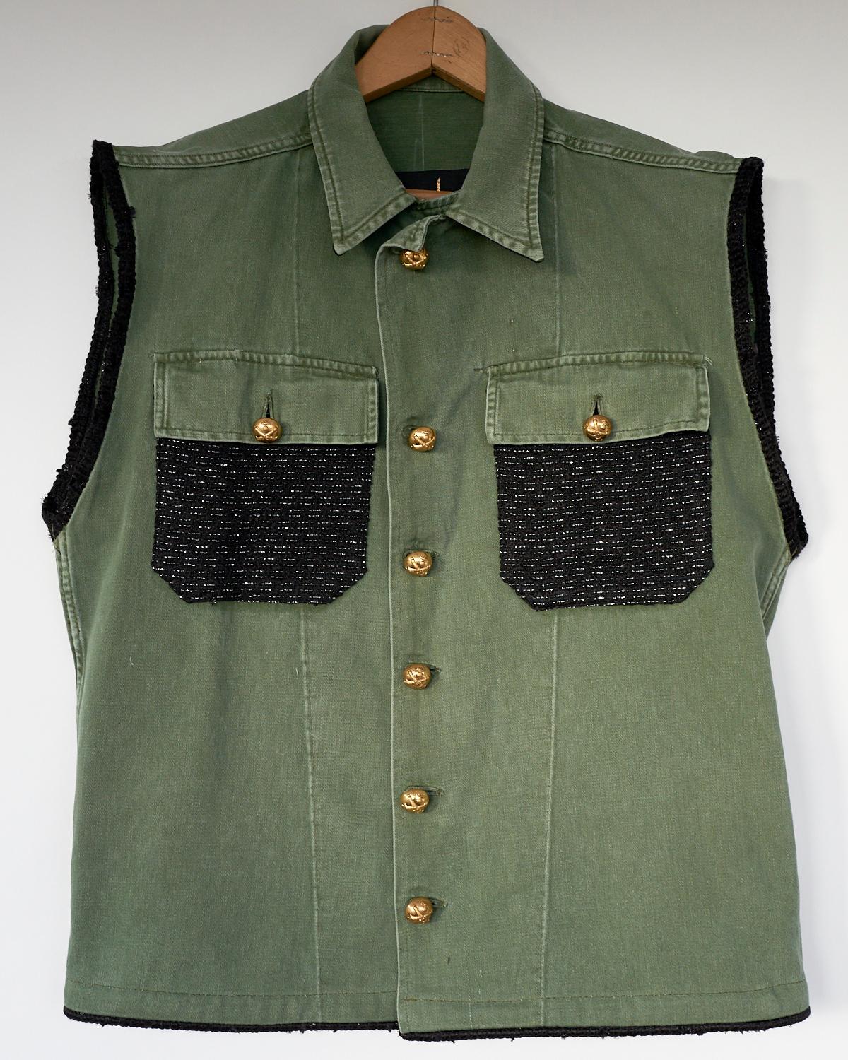 Women's Military Sleeveless Jacket Green Gold Buttons Black Silver Lurex Tweed J Dauphin