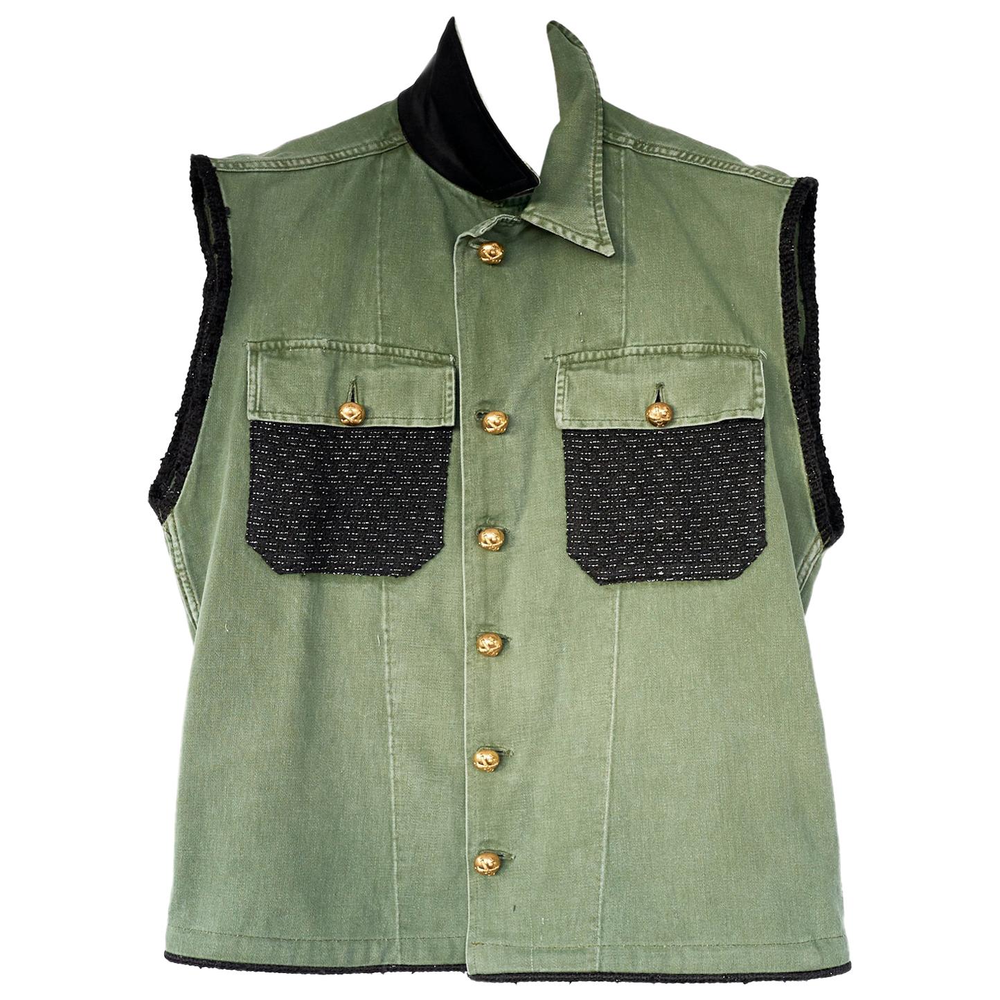 Military Sleeveless Jacket Green Gold Buttons Black Silver Lurex Tweed J Dauphin