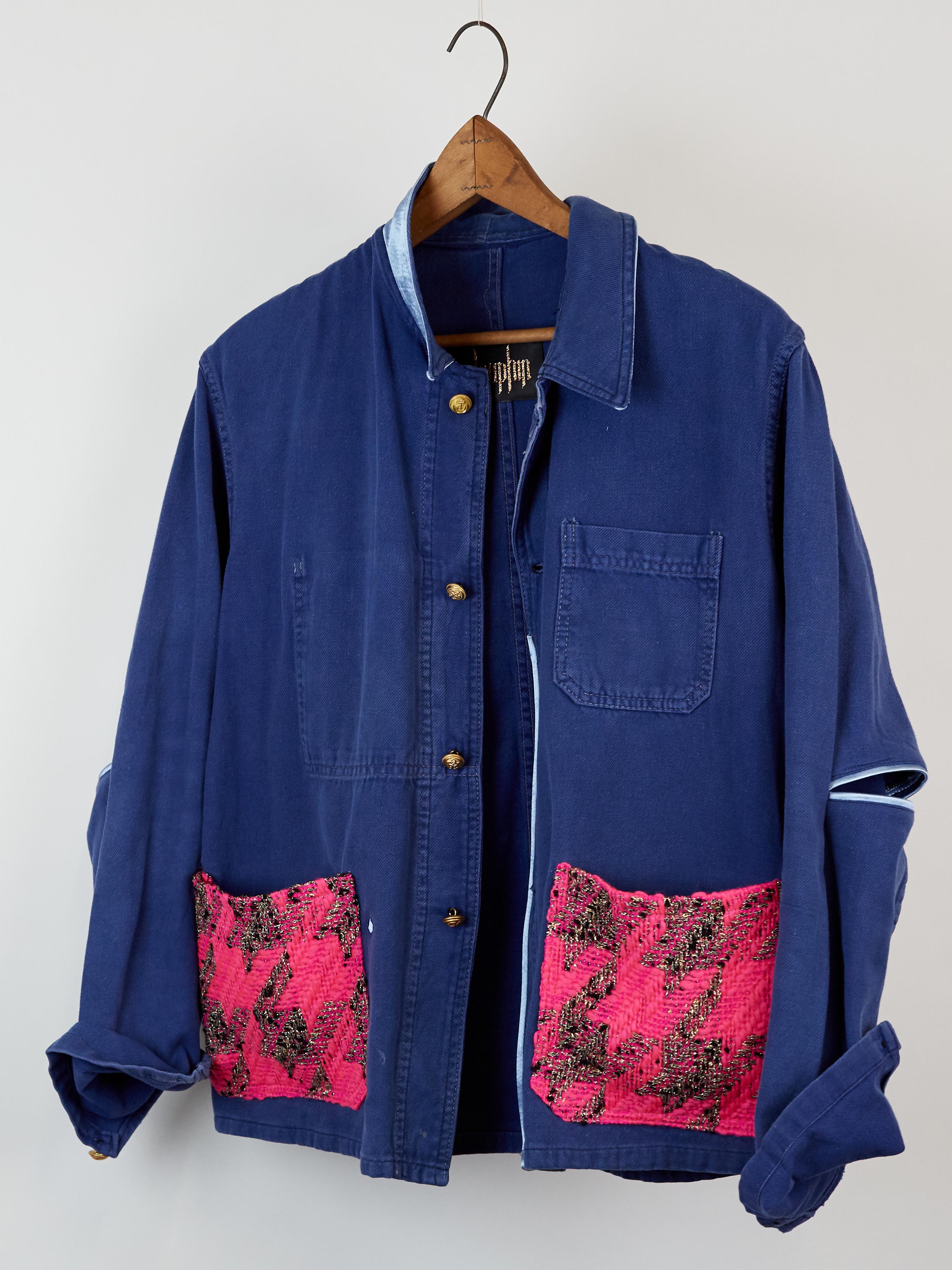 Women's Blue Jacket Embellished Pink Neon Gold Tweed Blue Gold Buttons J Dauphin