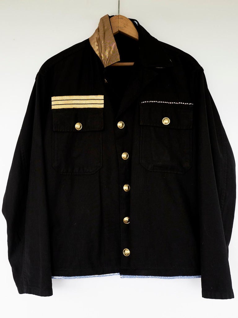 Embellished Rhinestone Cropped Military Black Jacket Lurex Gold Button ...