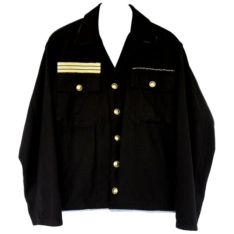Embellished Rhinestone Cropped Military Black Jacket Lurex Gold Button ...