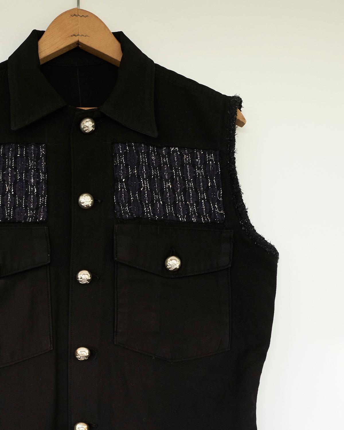 Embellished Sleeveless Jacket Vest Black Military Tweed Silver Buttons J Dauphin In New Condition In Los Angeles, CA