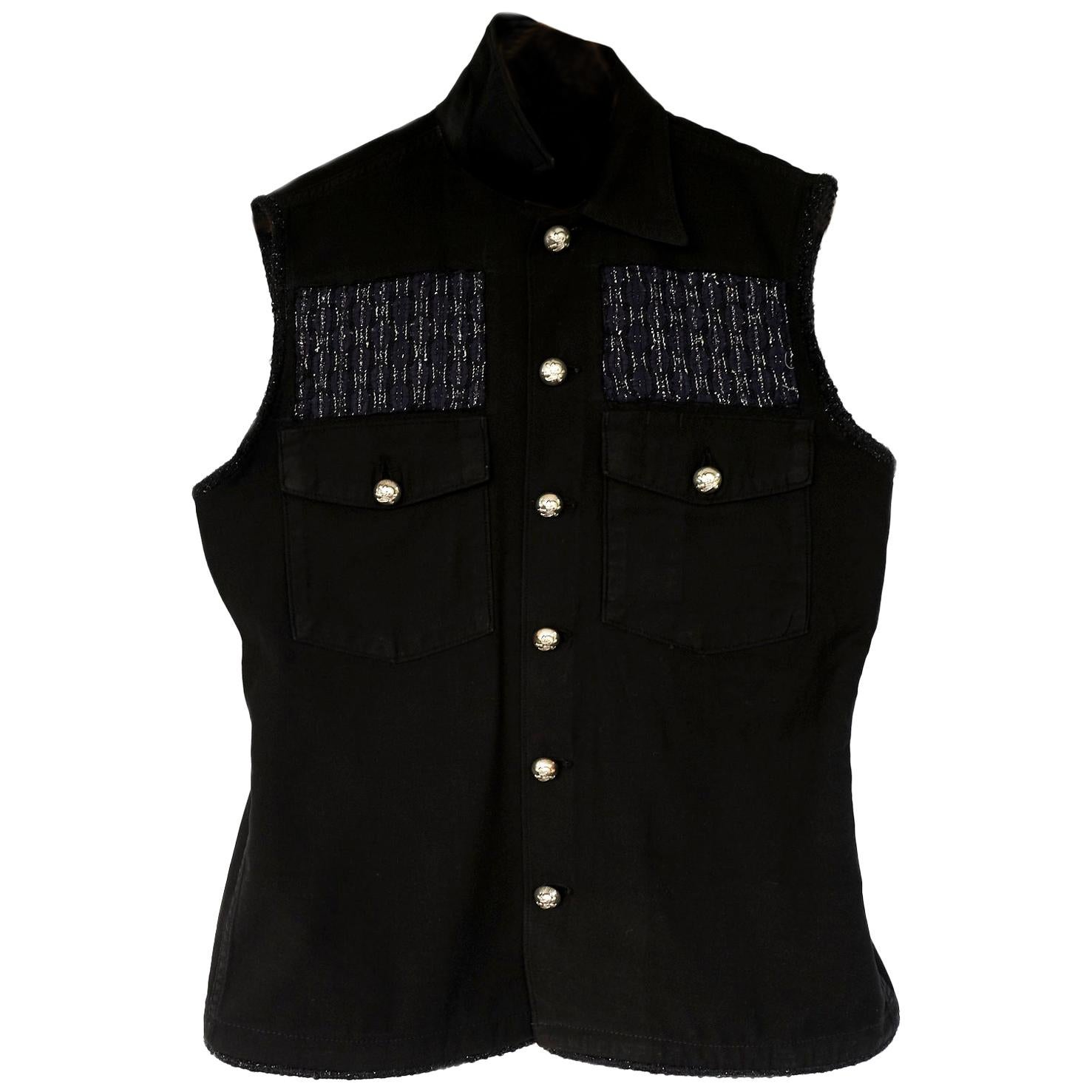 Embellished Sleeveless Jacket Vest Black Military Tweed Silver Buttons J Dauphin