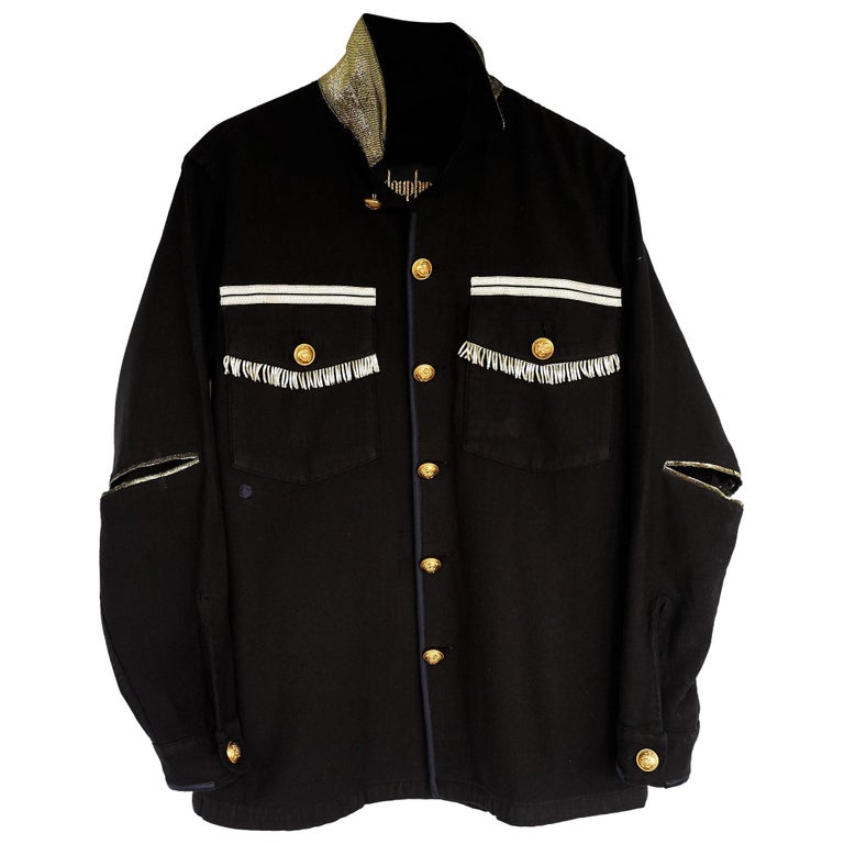 Vintage Military Jacket Black Recycled Fringe Gold Buttons One of a