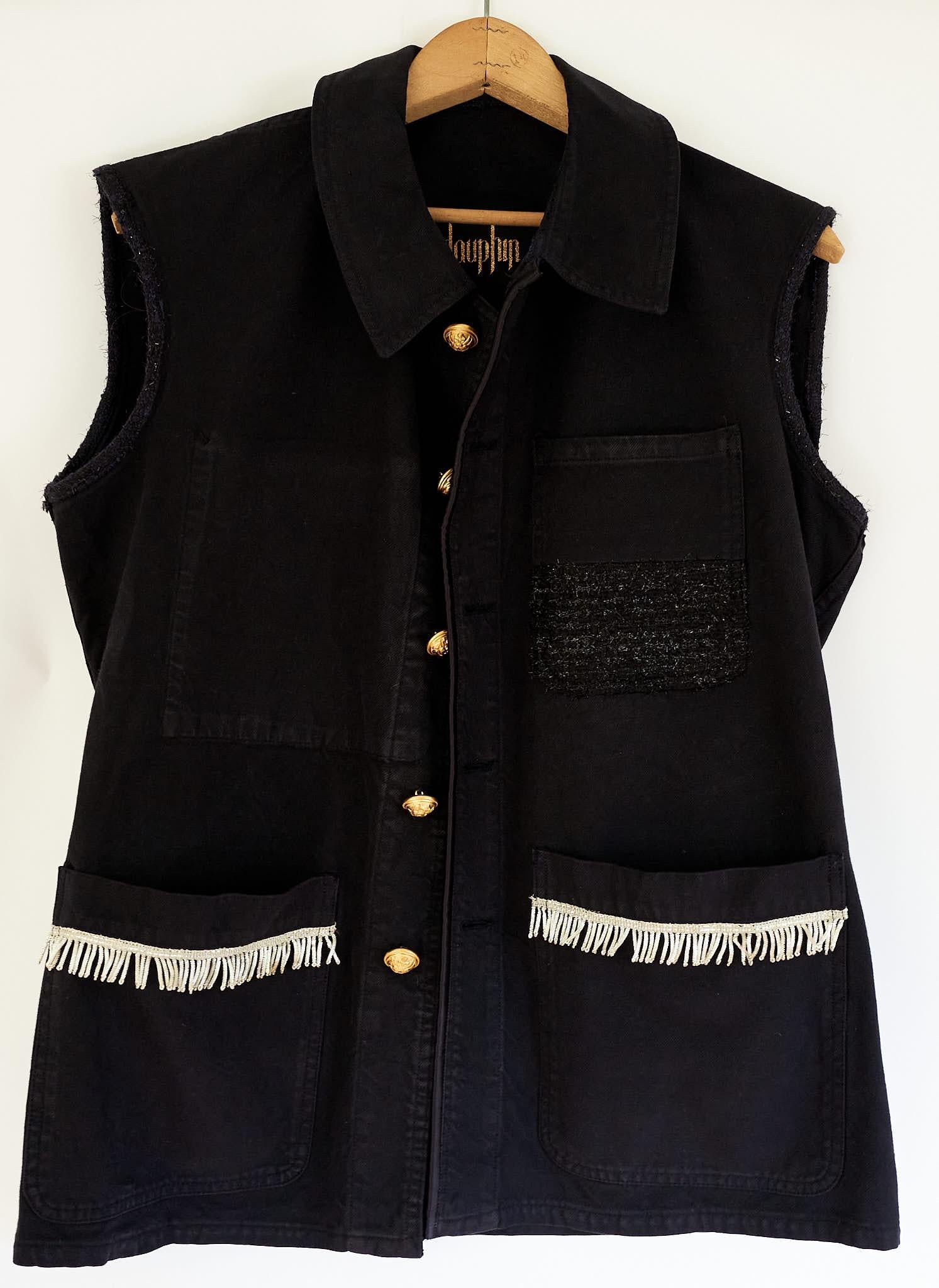Embellished Silver Fringe Sleeveless Jacket Vest Black One of a kind J Dauphin In New Condition In Los Angeles, CA