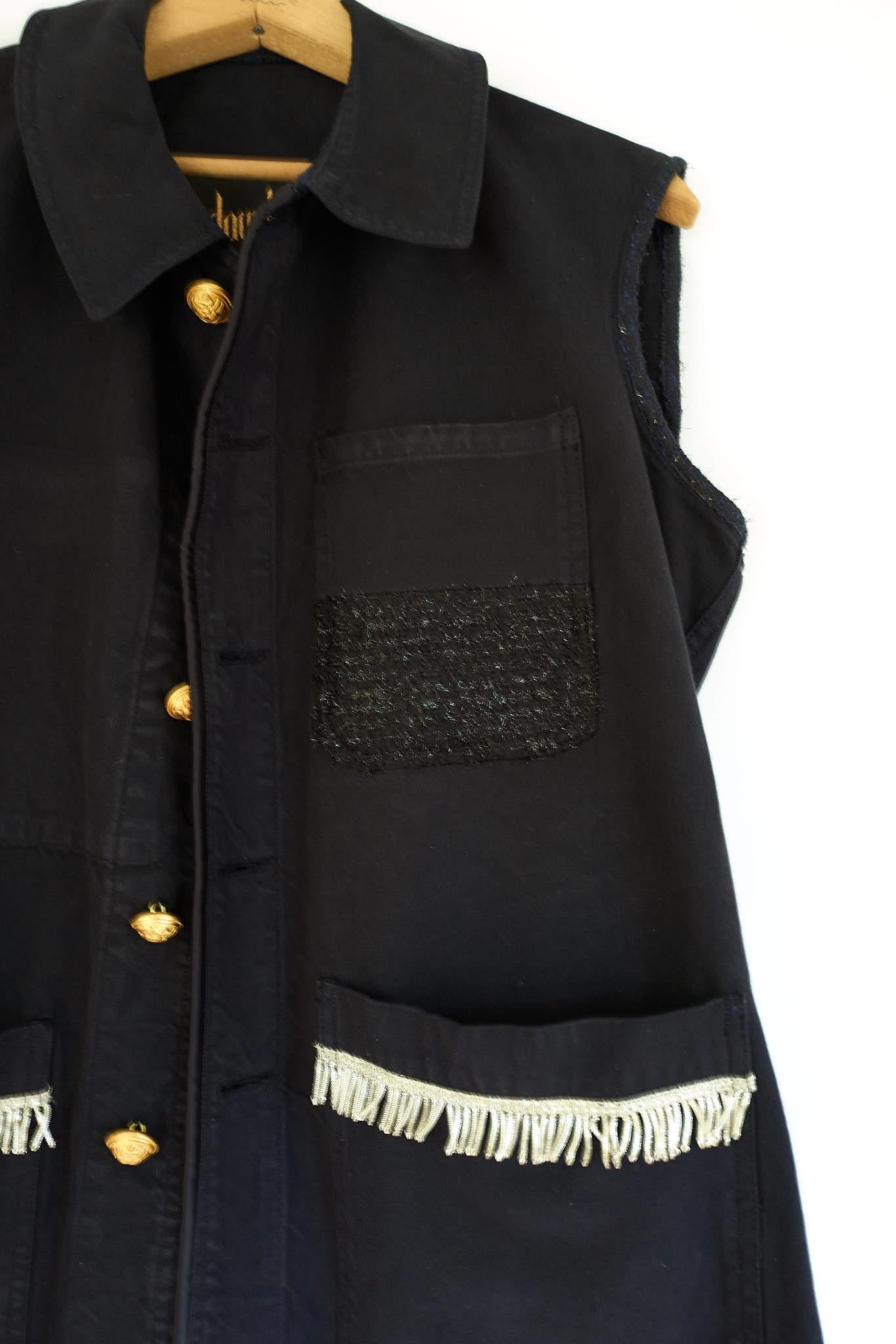 Women's Embellished Silver Fringe Sleeveless Jacket Vest Black One of a kind J Dauphin