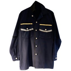 Silver Fringes Dark Blue Military Jacket Cotton Silk Details Gold Braids