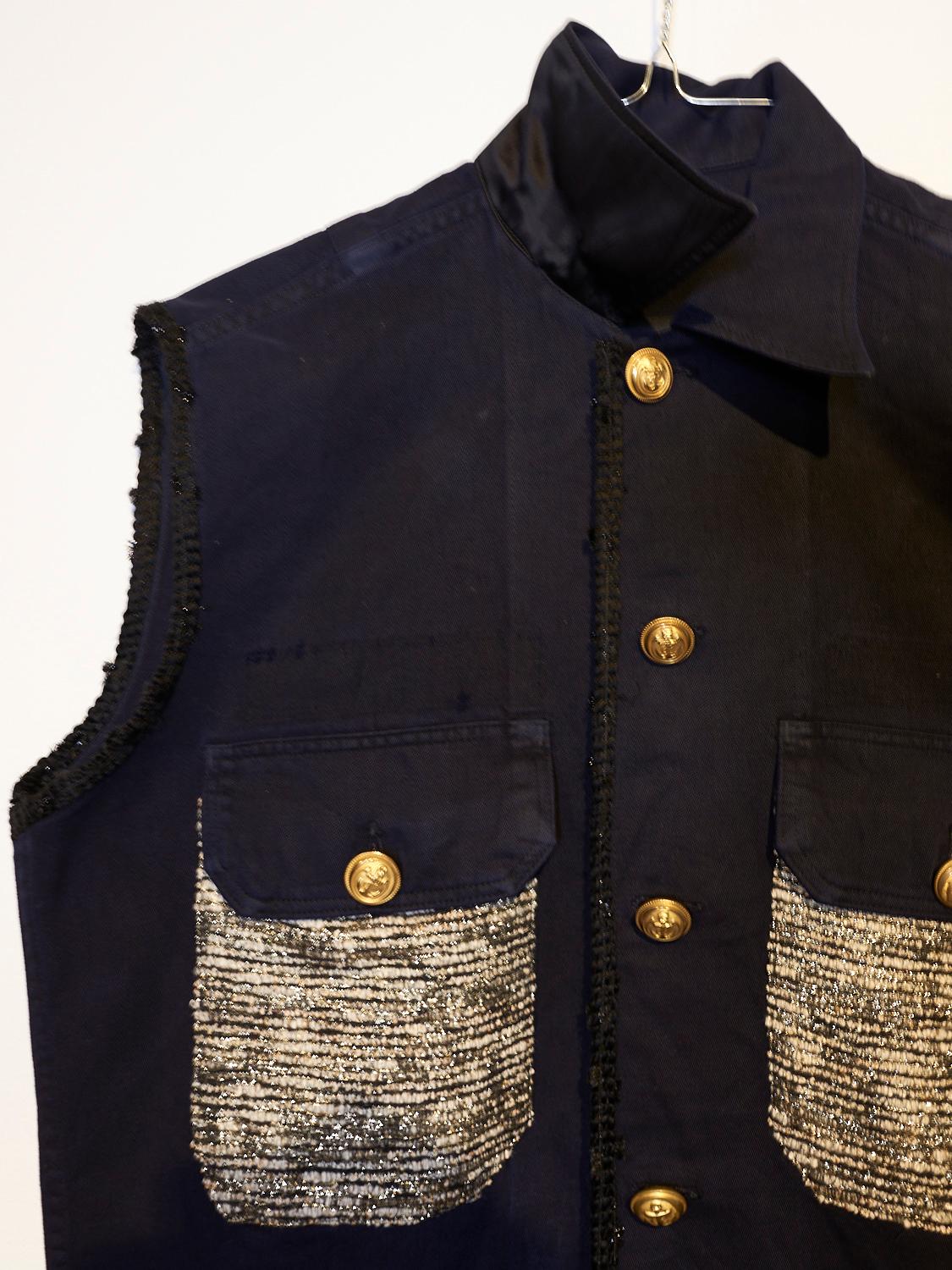 Black Embellished Sleeveless Jacket Dark Blue Vest Military Tweed Pockets J Dauphin