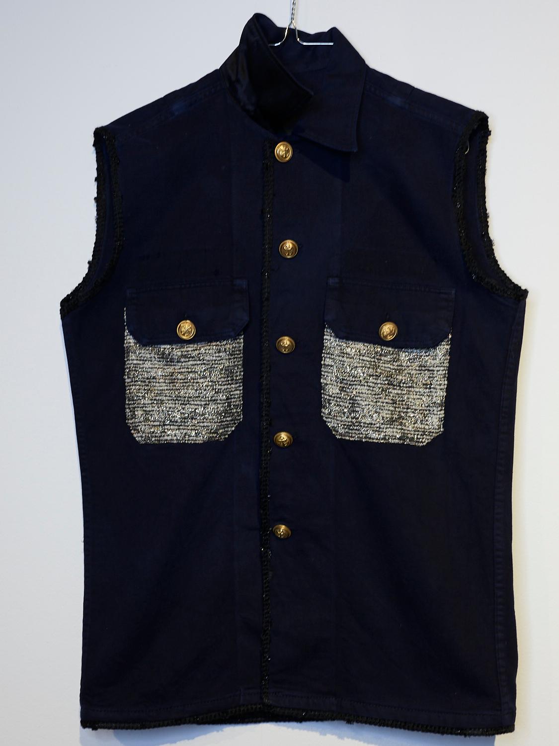 Embellished Sleeveless Jacket Dark Blue Vest Military Tweed Pockets J Dauphin In New Condition In Los Angeles, CA