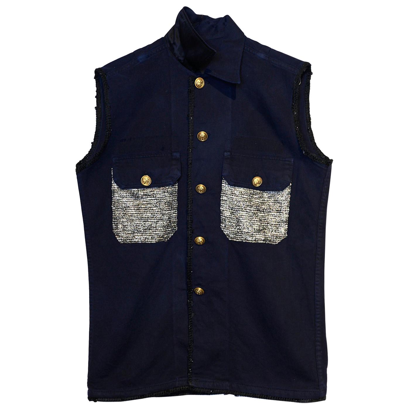 Embellished Sleeveless Jacket Dark Blue Vest Military Tweed Pockets J Dauphin