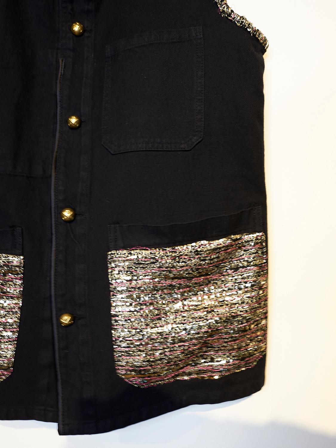 Embellished Sleeveless Jacket Vest Evening Black Gold Tweed Pockets J Dauphin In New Condition In Los Angeles, CA