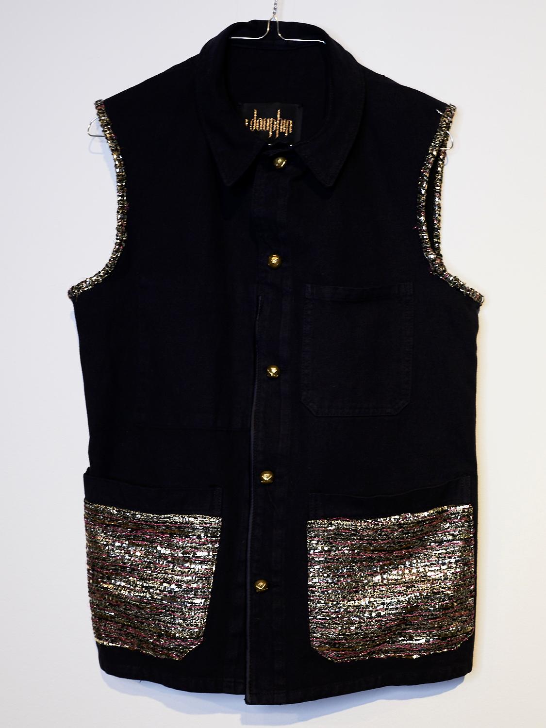 Women's Embellished Sleeveless Jacket Vest Evening Black Gold Tweed Pockets J Dauphin