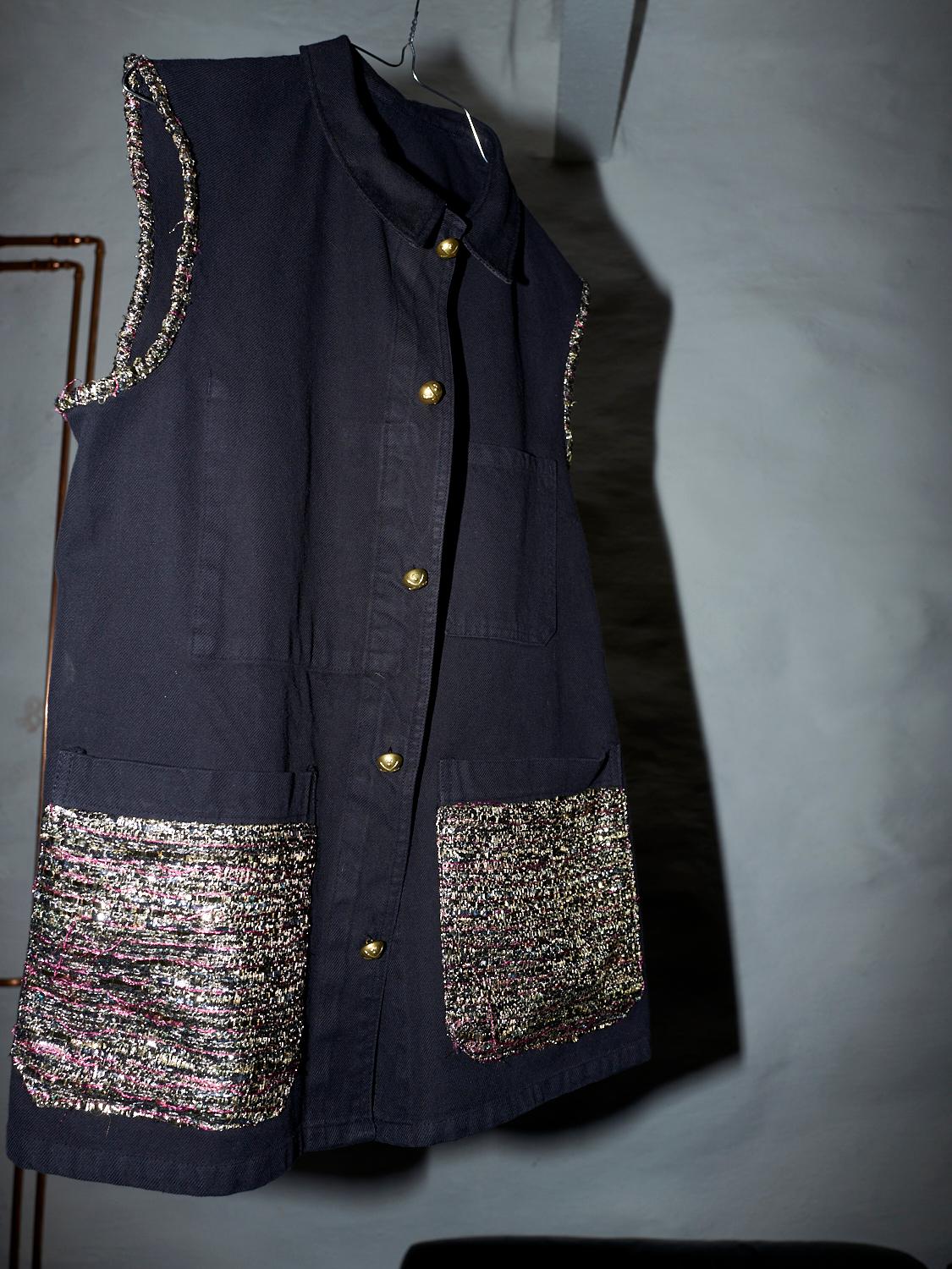 Embellished Sleeveless Jacket Vest Evening Black Gold Tweed Pockets J Dauphin 2