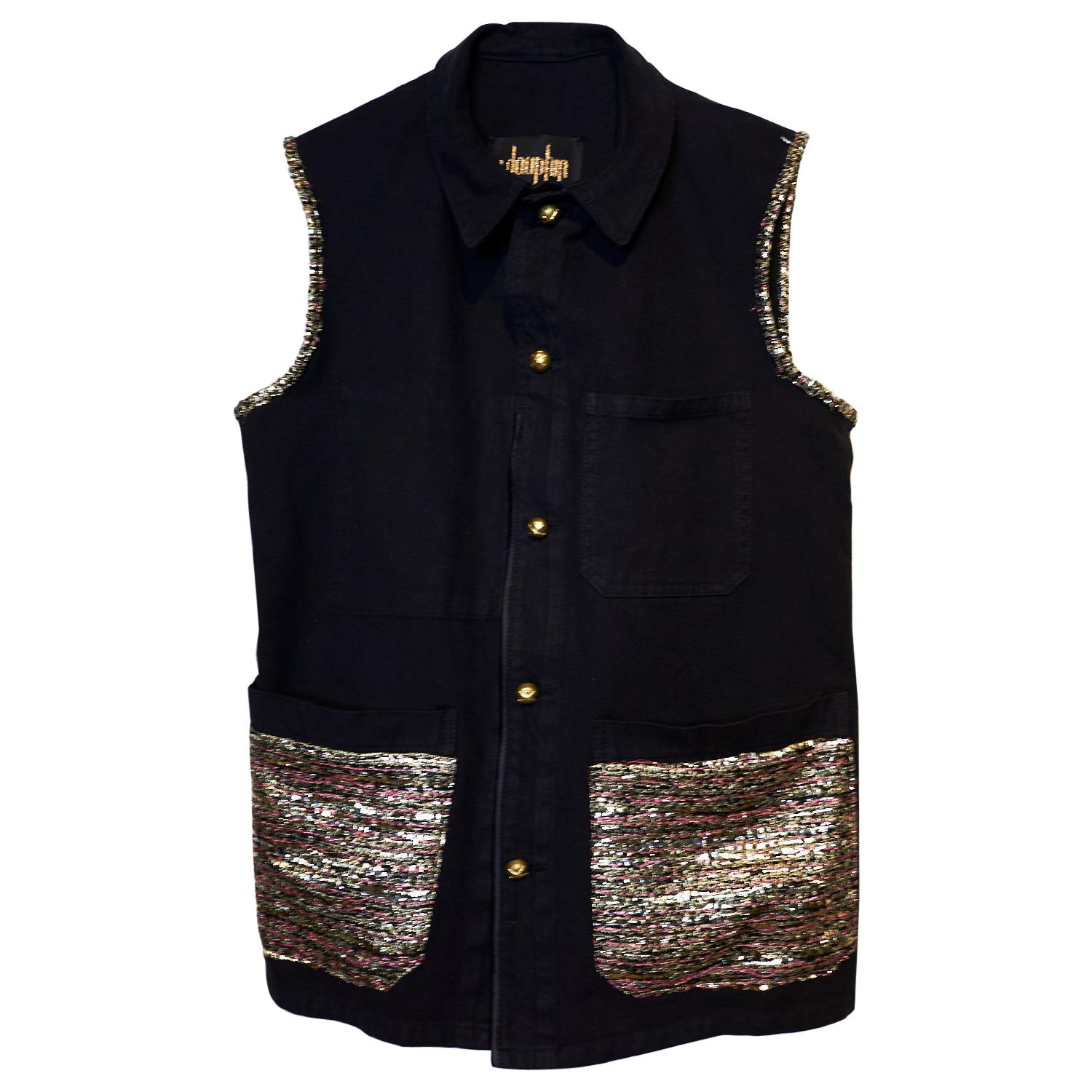Embellished Sleeveless Jacket Vest Evening Black Gold Tweed Pockets J Dauphin