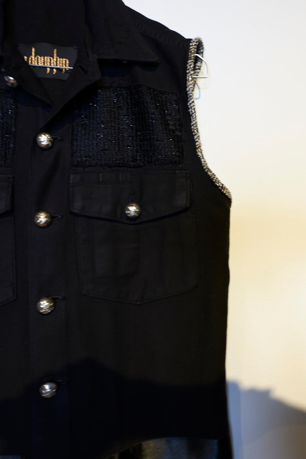 Black Embellished Sleeveless Jacket vest Military Gold Tweed Silver Button J Dauphin For Sale