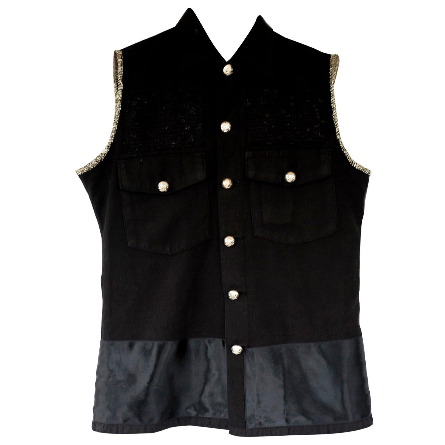 Embellished Sleeveless Jacket vest Military Gold Tweed Silver Button J Dauphin For Sale