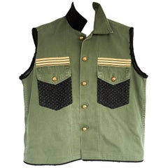 Used Embellished Sleeveless Jacket Vest Military Green Gold Buttons Tweed J Dauphin