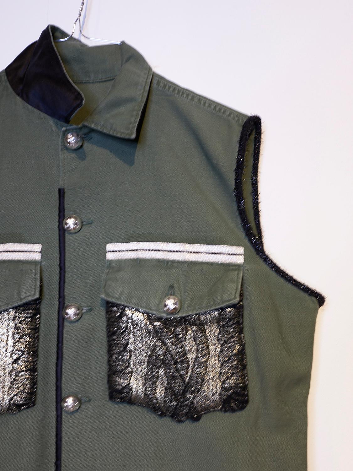 Black Embellished Sleeveless Jacket Vest Military Green Gold Knit Pockets J Dauphin