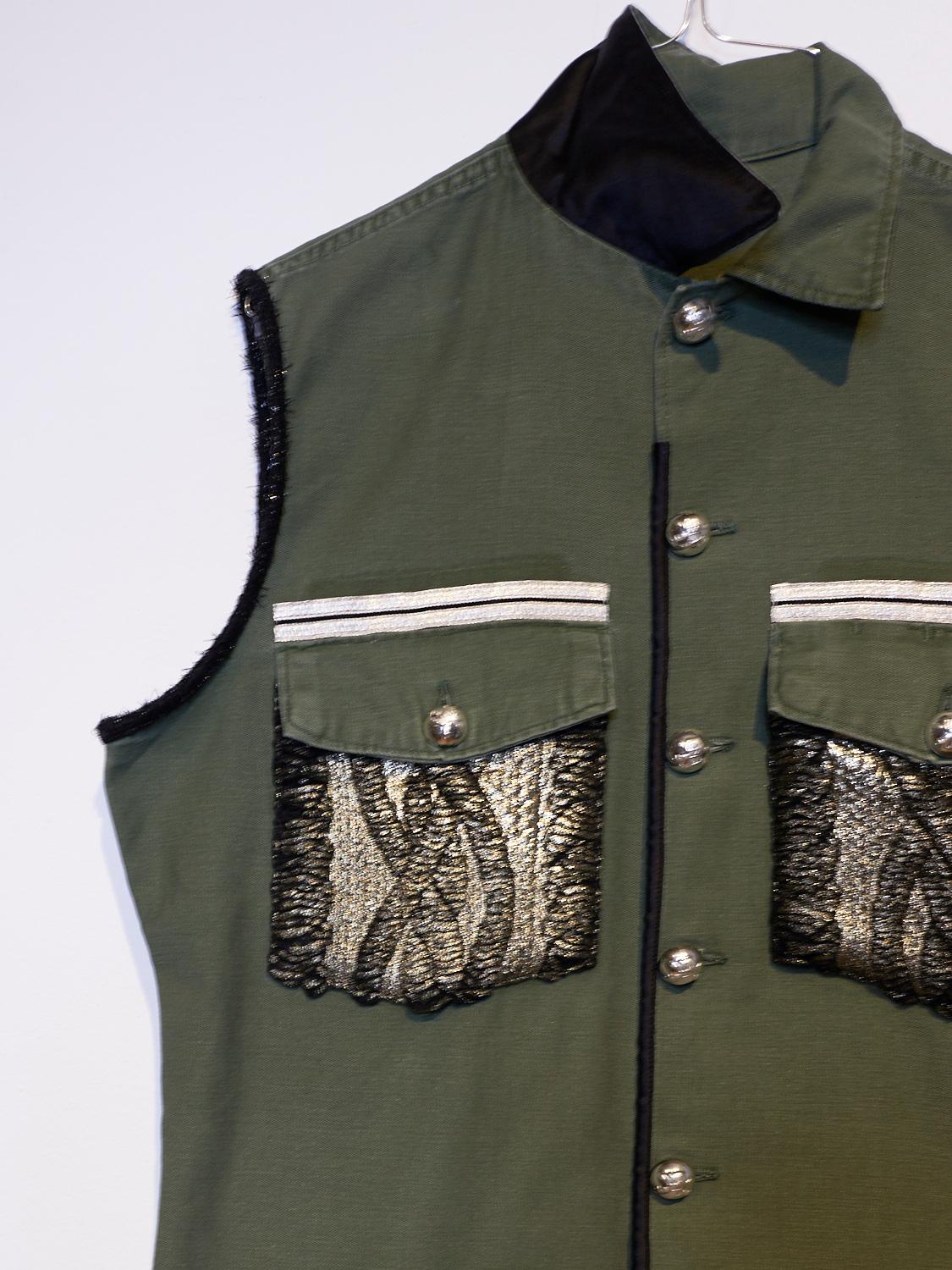 Embellished Sleeveless Jacket Vest Military Green Gold Knit Pockets J Dauphin In New Condition In Los Angeles, CA