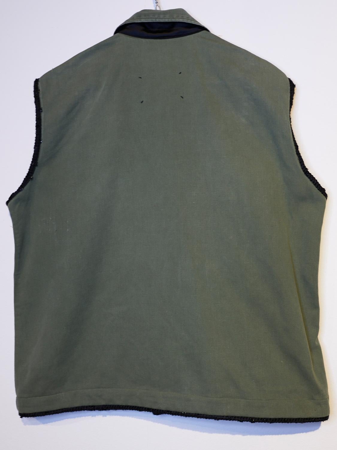 Black Embellished Sleeveless Jacket Vest Military Green Tweed Pockets J Dauphin